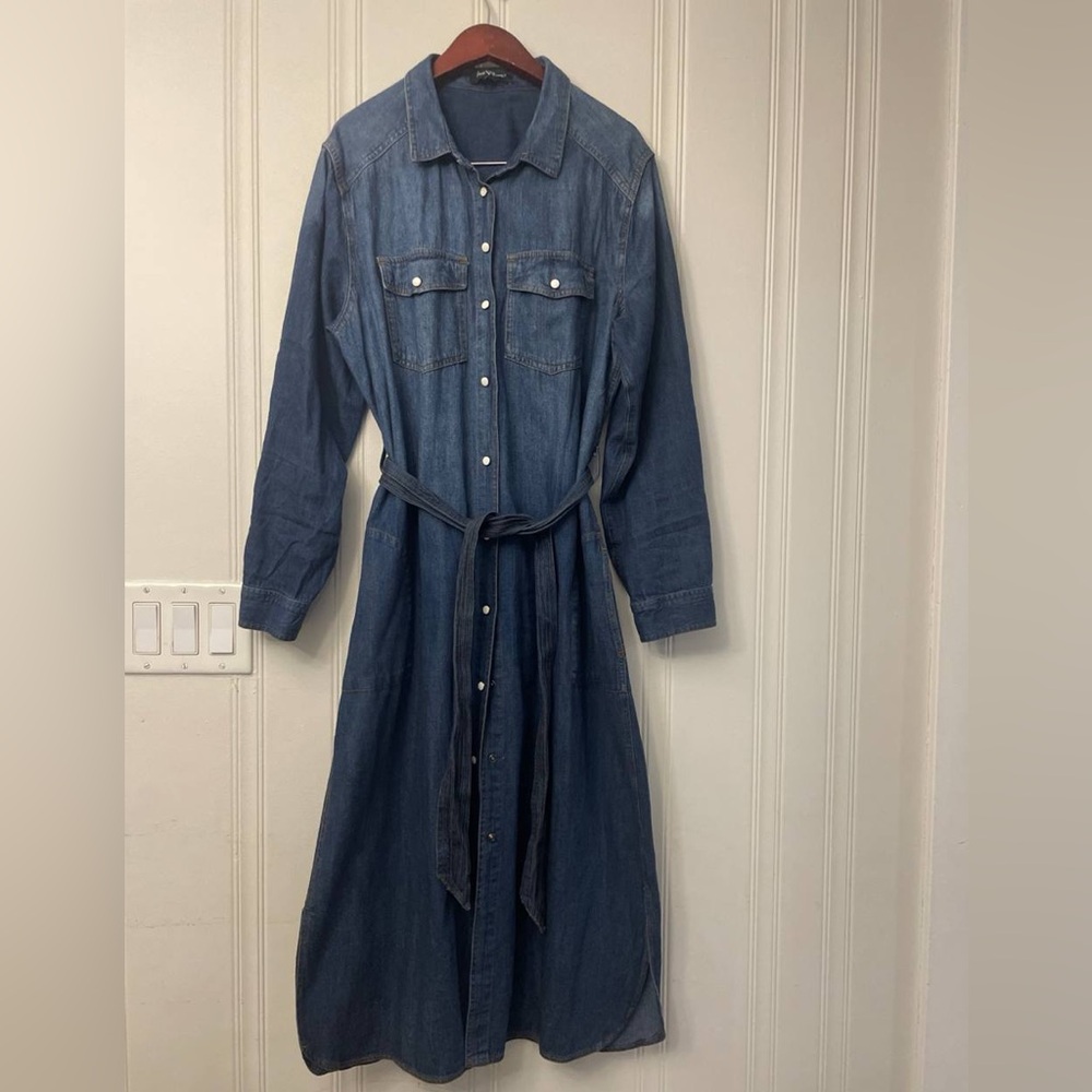 Denim Long-Sleeve Shirt Dress - Picture 1 of 12